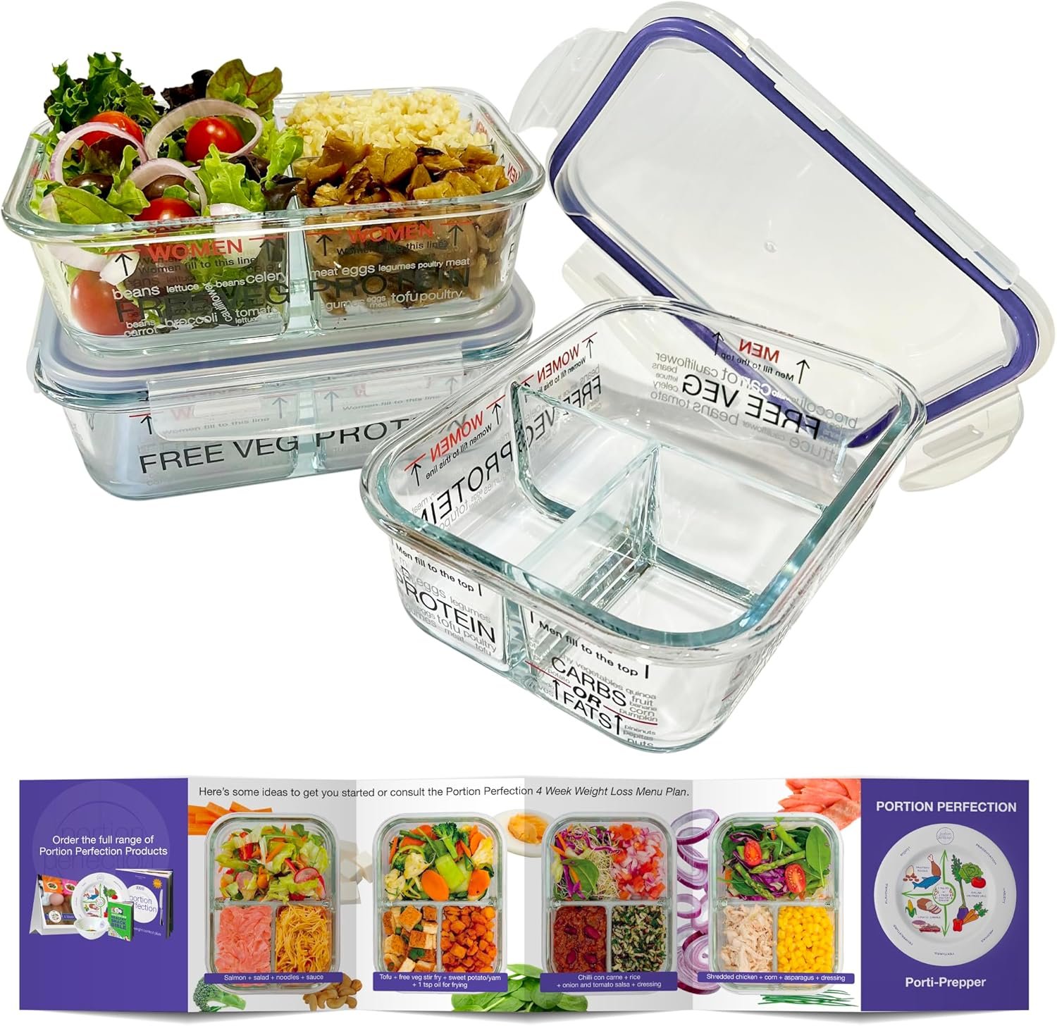 Portion Perfection Portion Control Containers – Glass Oven Ready, Freezer Safe Meal Prep Containers Reusable for Food 3pk, 3 Compartment with Lids, Practical Weight Control Products