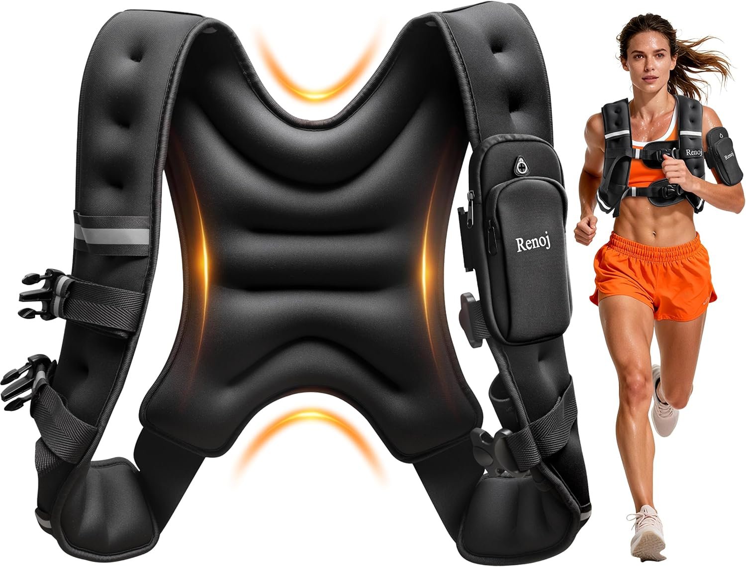 Renoj Weighted Vest for Women Men: Available in 6lb/8lb/10lb/11lb/12lb/14lb/16lb/20lb Fixed Weights for Walking, Running, Training, Exercise, Weight Loss – With Reflective Strips and Storage Pocket