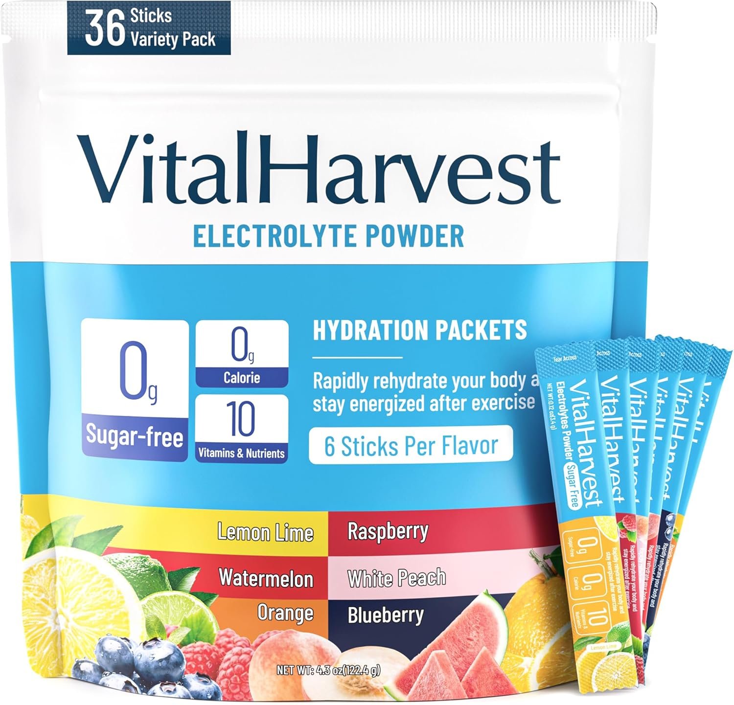 36 Sticks Electrolytes Powder Packets 6 Flavors Sugar Free Hydration Packets Electrolyte Liquid Daily IV Drink Mix with Lemon Lime, Watermelon, Orange, Raspberry, White Peach, Blueberry