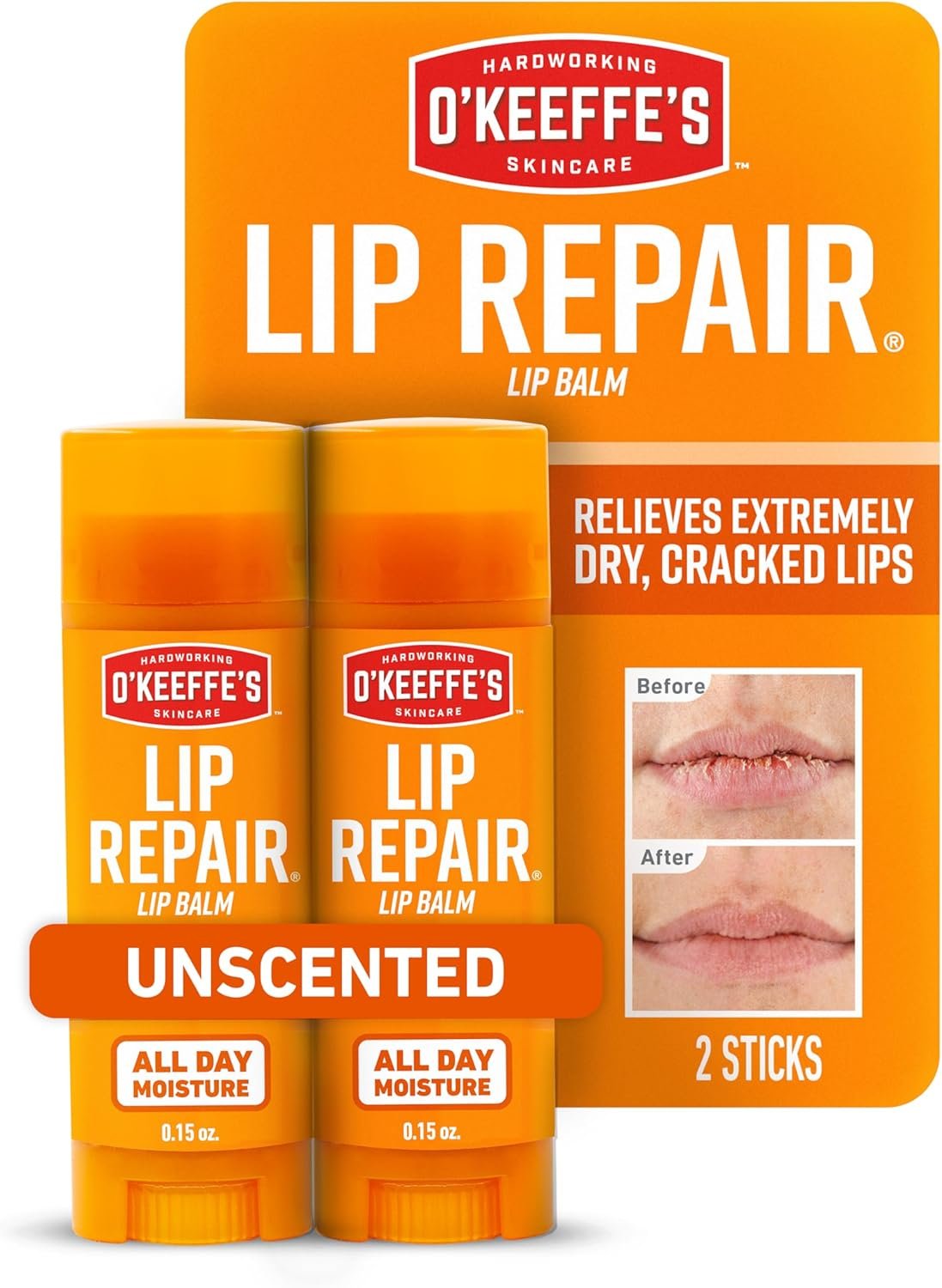 O’Keeffe’s Lip Repair Unscented Lip Balm for Dry, Cracked Lips – Stick (Twin Pack) – Moisturizer for Very Dry Lips