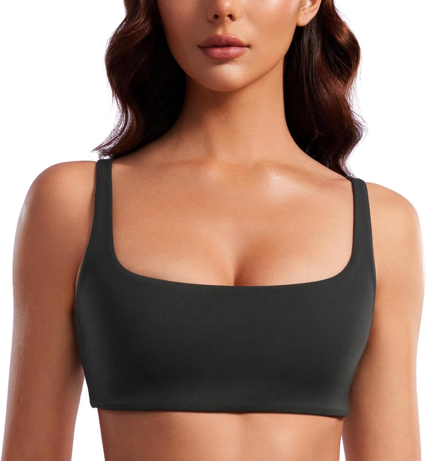 CRZ YOGA Butterluxe Square Neck Spaghetti Strap Sports Bras for Women – Low Coverage Yoga Wireless Padded Cami Crop Top