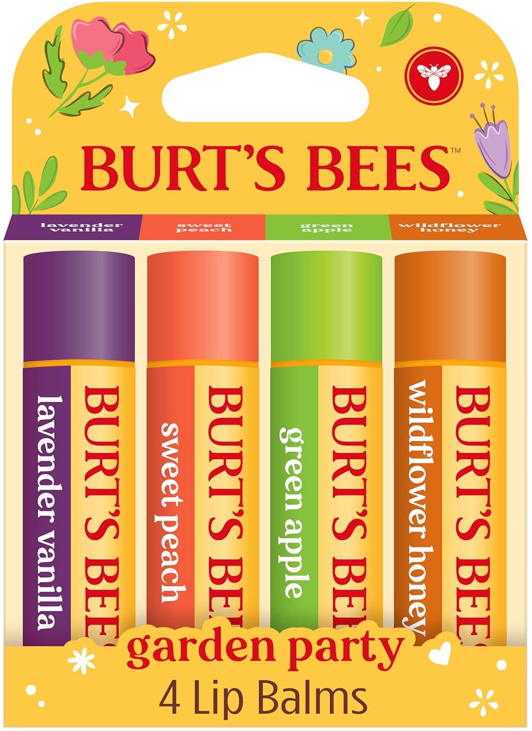 Burt’s Bees 4 Pack Lavender Vanilla, Sweet Peach, Green Apple, Wildflower Honey; 24 Hour Moisture Moisturizing Lip Balm, 100% Natural Origin, Mother’s Day Gift, 4 Tubes, 0.15 oz
