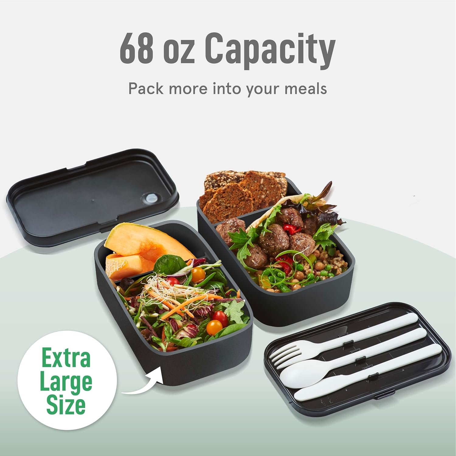 KARRICO Double Premium Bento Box Adult, 67 fl oz BPA-Free – Black Stackable Lunch Box with Leak-Proof Lids & Dividers, Perfect for Meal Prep, Lunches & Portion Control