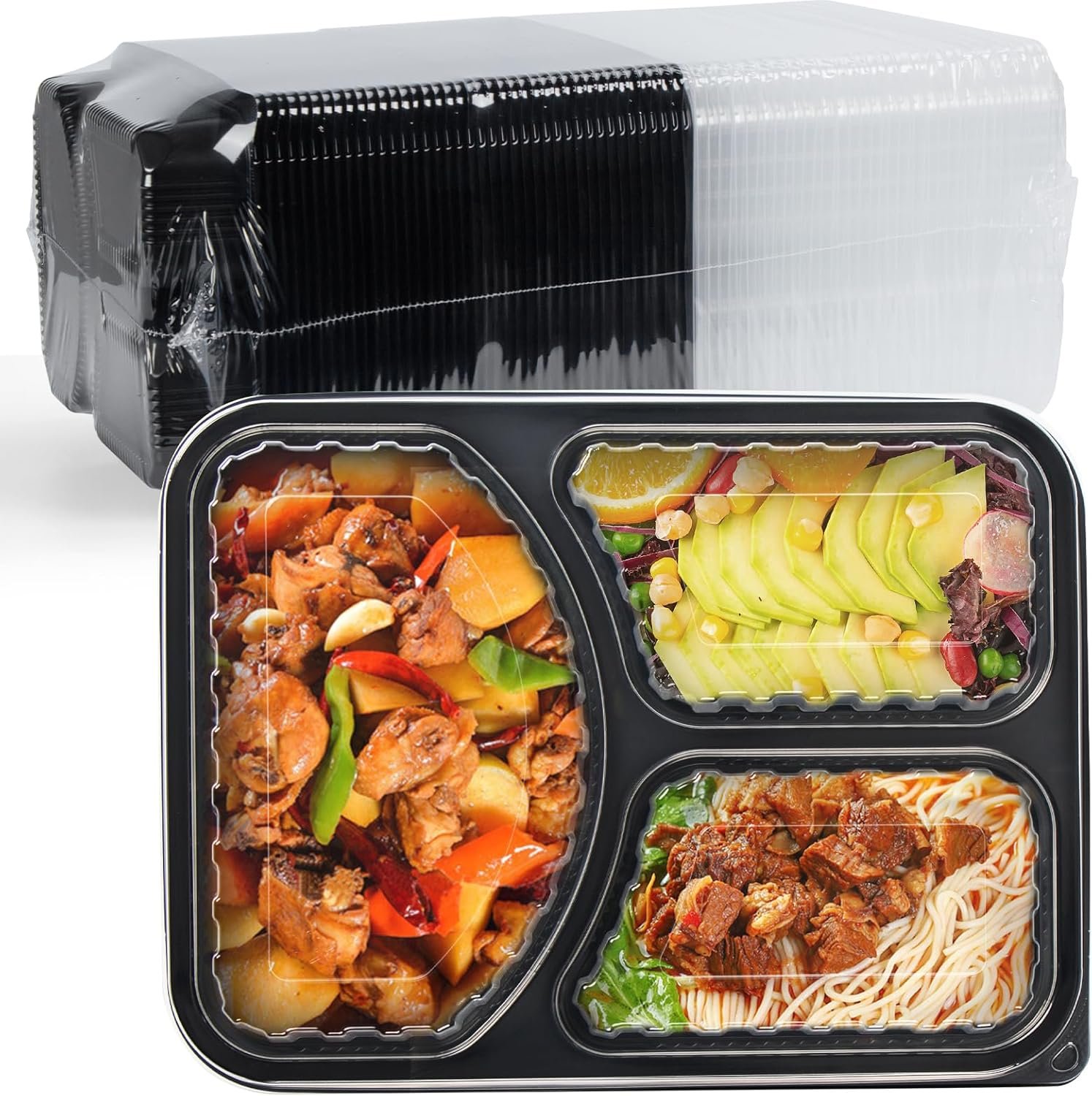Take Out Containers 38 oz 40 Pack – Shrink Wrapped 3 Compartment Leakproof Catering | BPA Free PP Plastic Microwave & Freezer Safe | Flexible Reusable Commercial Black Lunch Boxes with Lid