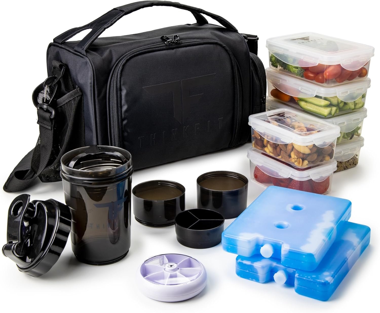 ThinkFit Insulated Meal Prep Lunch Box with 6 BPA-Free, Reusable, Microwavable, Freezer Safe Food Portion-Control Containers, Shaker Cup, Pill Organizer, Lunch Bag with Storage Pocket – (Black)