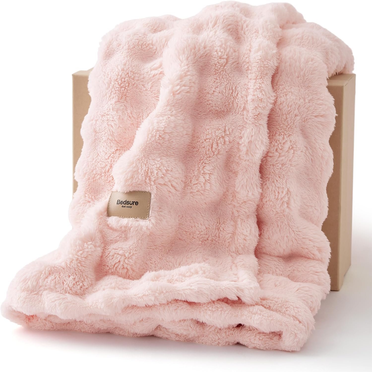 Bedsure 3D Fleece Bubble Blanket for Couch – Cute Pink Throw Blanket for Sofa Bedroom Decor – Luxury Soft Cozy Spring Birthday Gift for Women Girls, Lightweight, Light Pink, 50″×60″