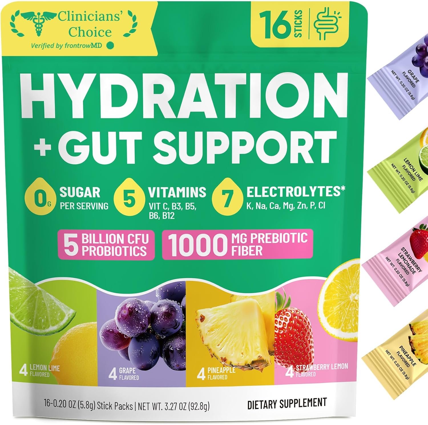 Venture Pal 2-in-1 Hydration Packets + Gut Health Electrolytes Powder – 7 Electrolytes & 5 Vitamins, Probiotics – Sugar Free Liquid Daily IV Drink Mix for Dehydration Relief | Non-GMO | 16 Sticks