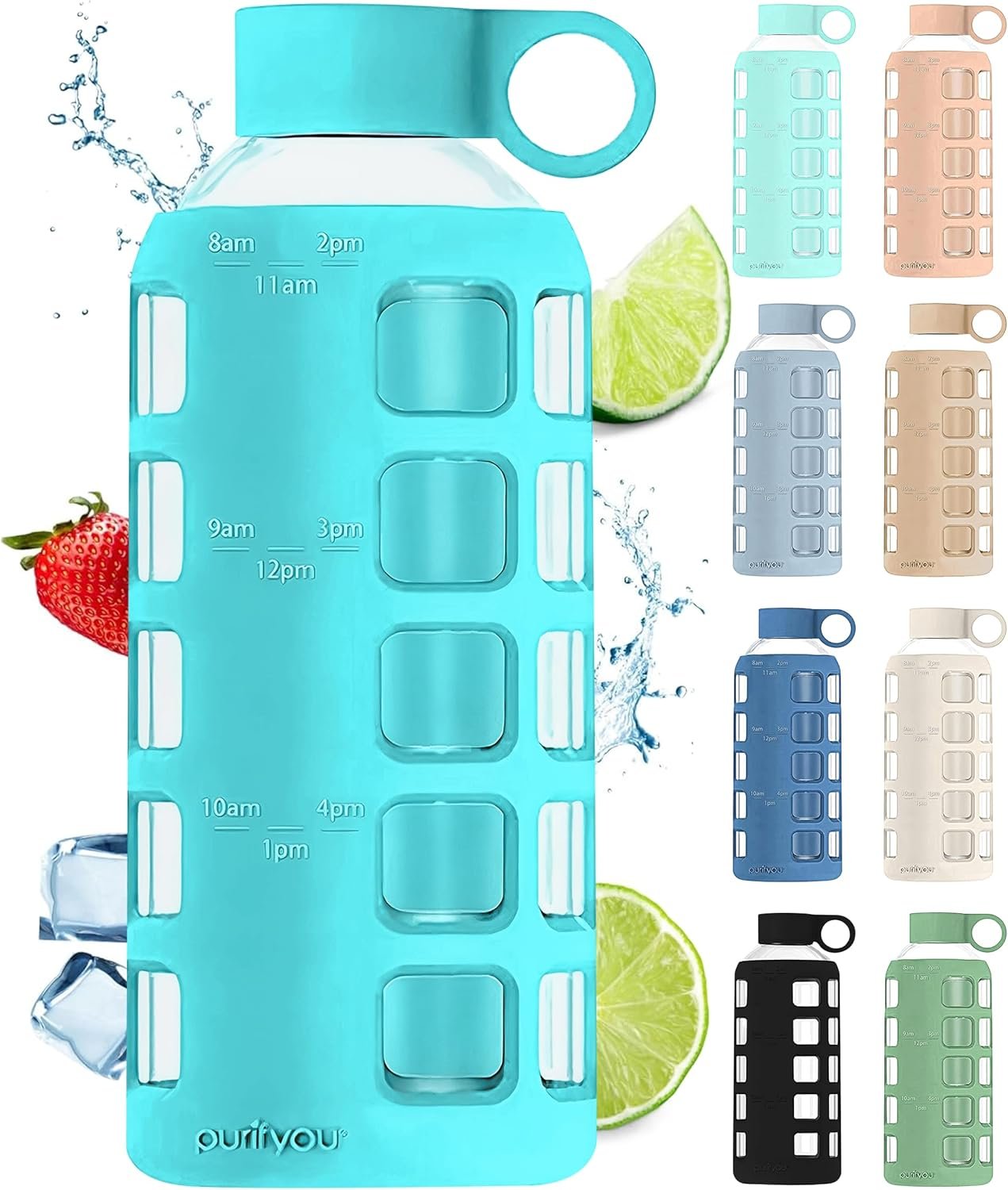 purifyou 40oz / 32oz / 22oz / 12oz Borosilicate Glass Water Bottle with Time & Volume Markers, Silicone Sleeve, Stainless Steel Lid | Reusable Glass Bottle for Water & Juice (22oz Aqua Blue)