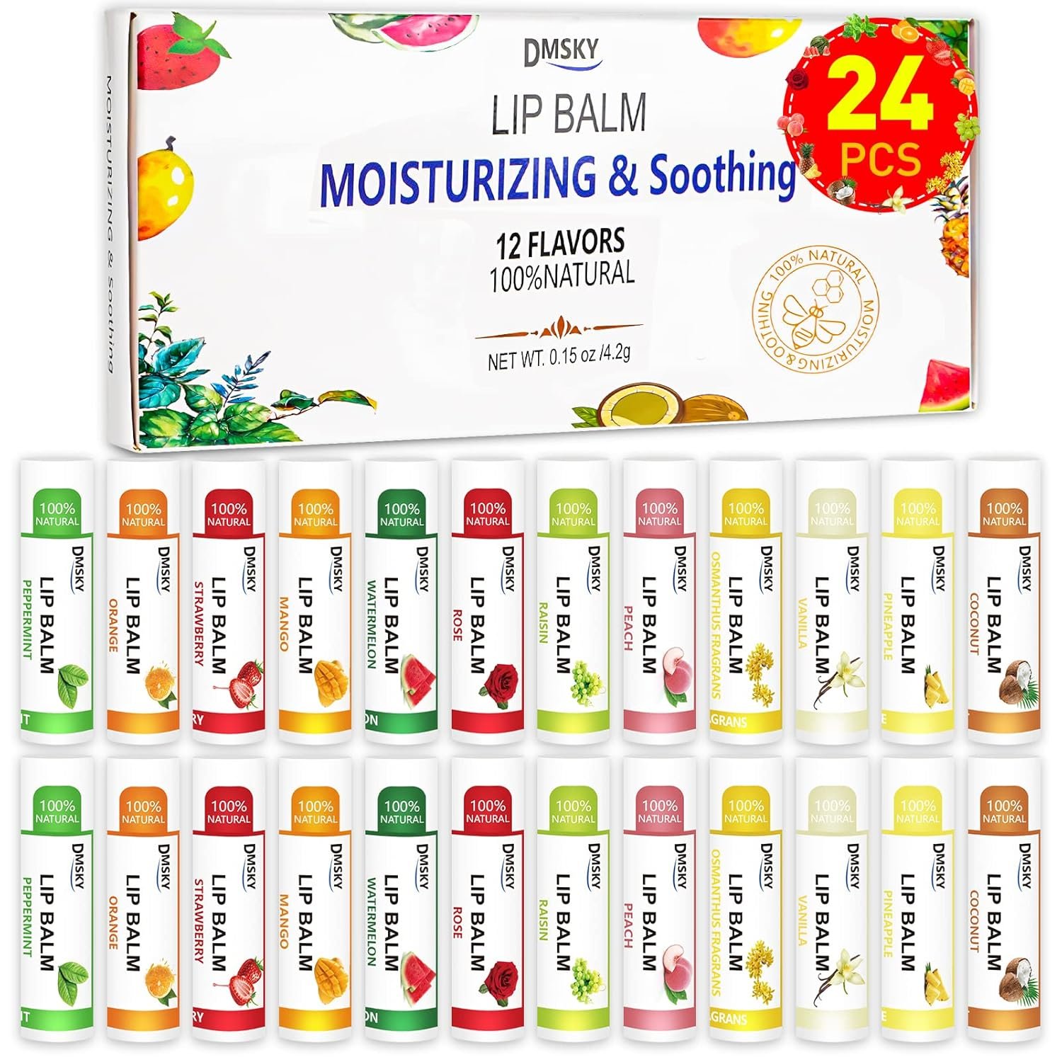 DMSKY 24 Pack Lip Balm Bulk, Moisturizing with Coconut Oil & Vitamin E for Dry Cracked Lips, Natural Lip Care Party Favors for Kids & Adults-12 Flavors
