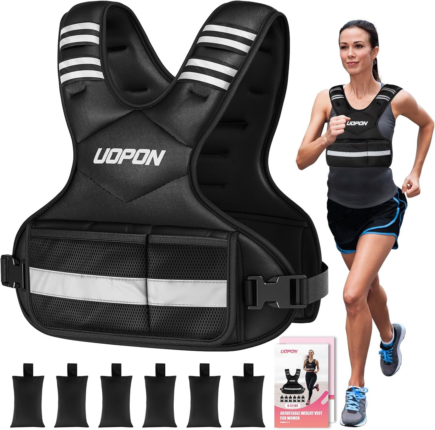 Adjustable Weighted Vest Women Men, 6-12 Lb/10-19 Lb/20-32 Lb Rucking Vest with 6 Ironsand Weights, Great Vest with Plus Pockets & Reflective Strips for Running, Walking, Workout and Strength Training