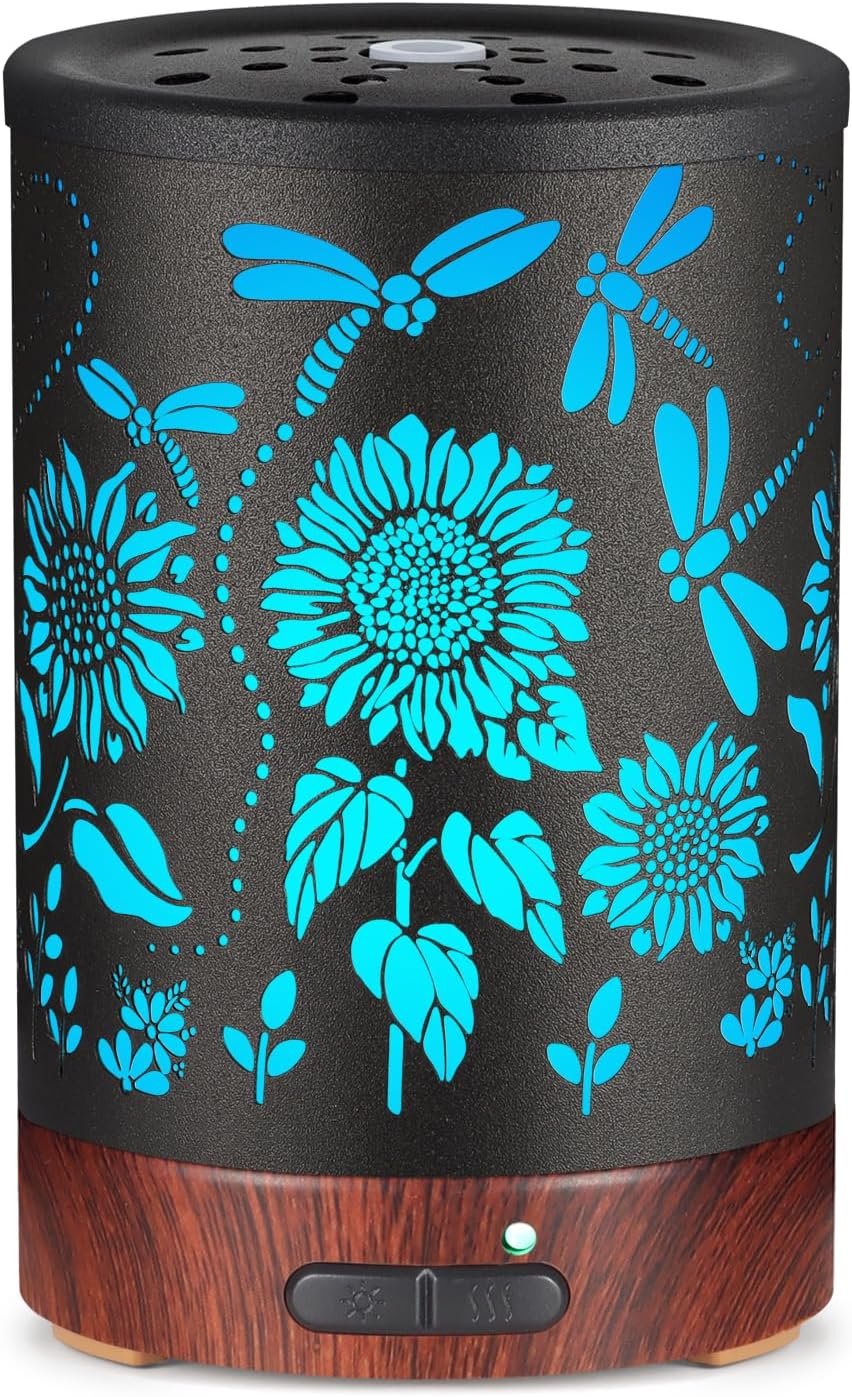 Essential Oils Diffuser,Christmas Aromatherapy Diffuser,Birthday Gifts for Women Mom Grandma,Metal Cool Mist Humidifier with 7 Colors Lights Waterless Auto Off Air Diffusers (Sunflower)