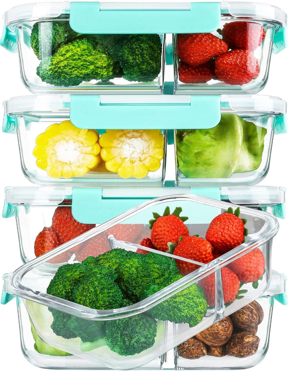 [5-Pack,36 Oz]Glass Meal Prep Containers 2 Compartments Portion Control with Upgraded Snap Locking Lids Glass Food Storage Containers, Microwave, Oven, Freezer and Dishwasher (4.5 Cups, Green)