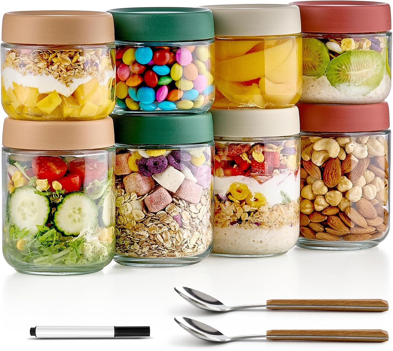 Qipecedm 8 Pack Overnight Oats Containers with Lids, Large & Small Glass Mason Jars 16oz & 10 oz, Breakfast Oatmeal Container to Go, Salad Meal Prep Jars for Food Storage, Mush Chia Seed Pudding Jars