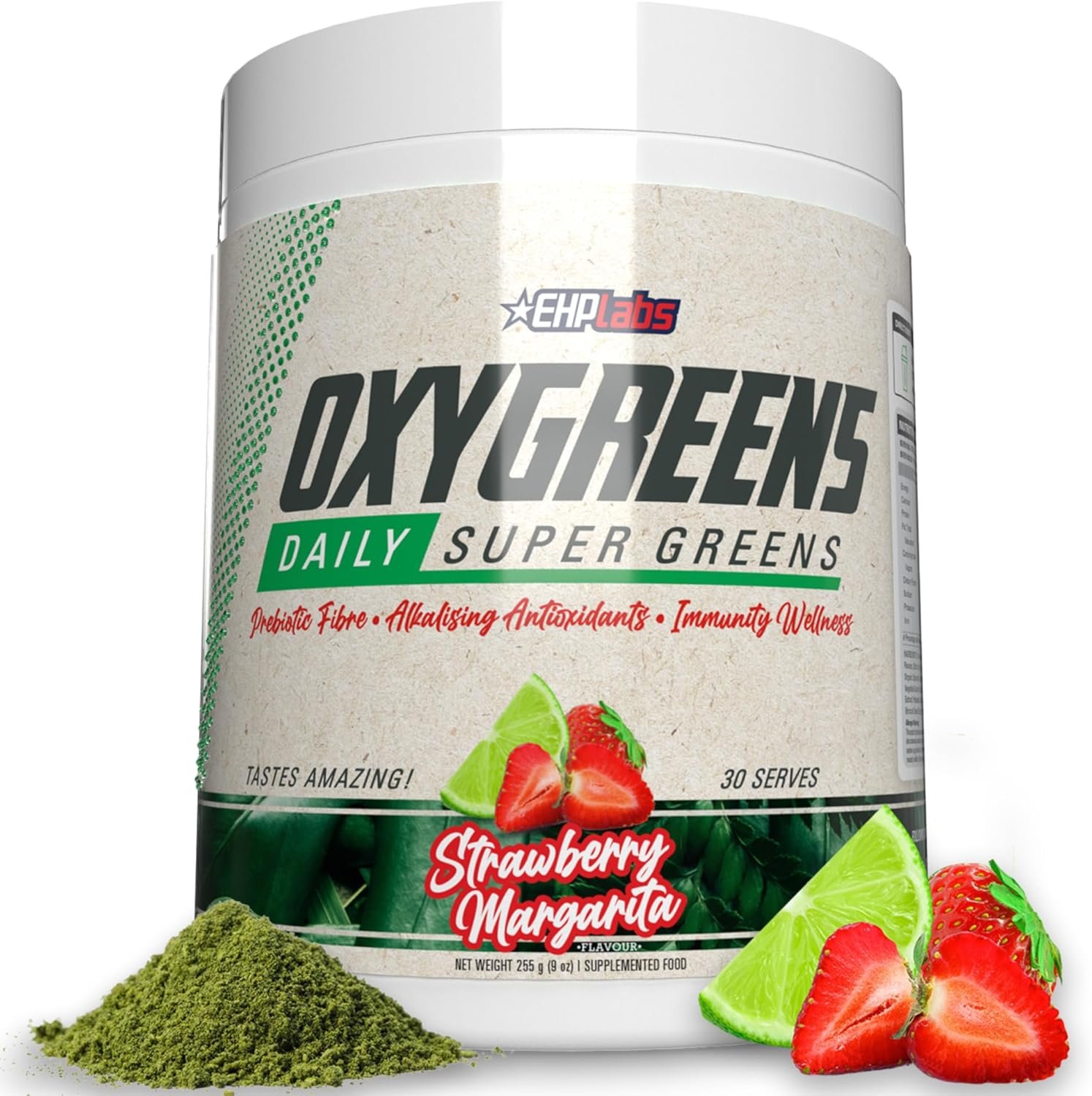 EHP Labs OxyGreens Super Greens Powder – Spirulina & Chlorella Superfood, Green Juice Powder & Greens Supplements with Prebiotic Fibre, Antioxidants & Immunity Support, 30 Serves (Strawb. Margarita)