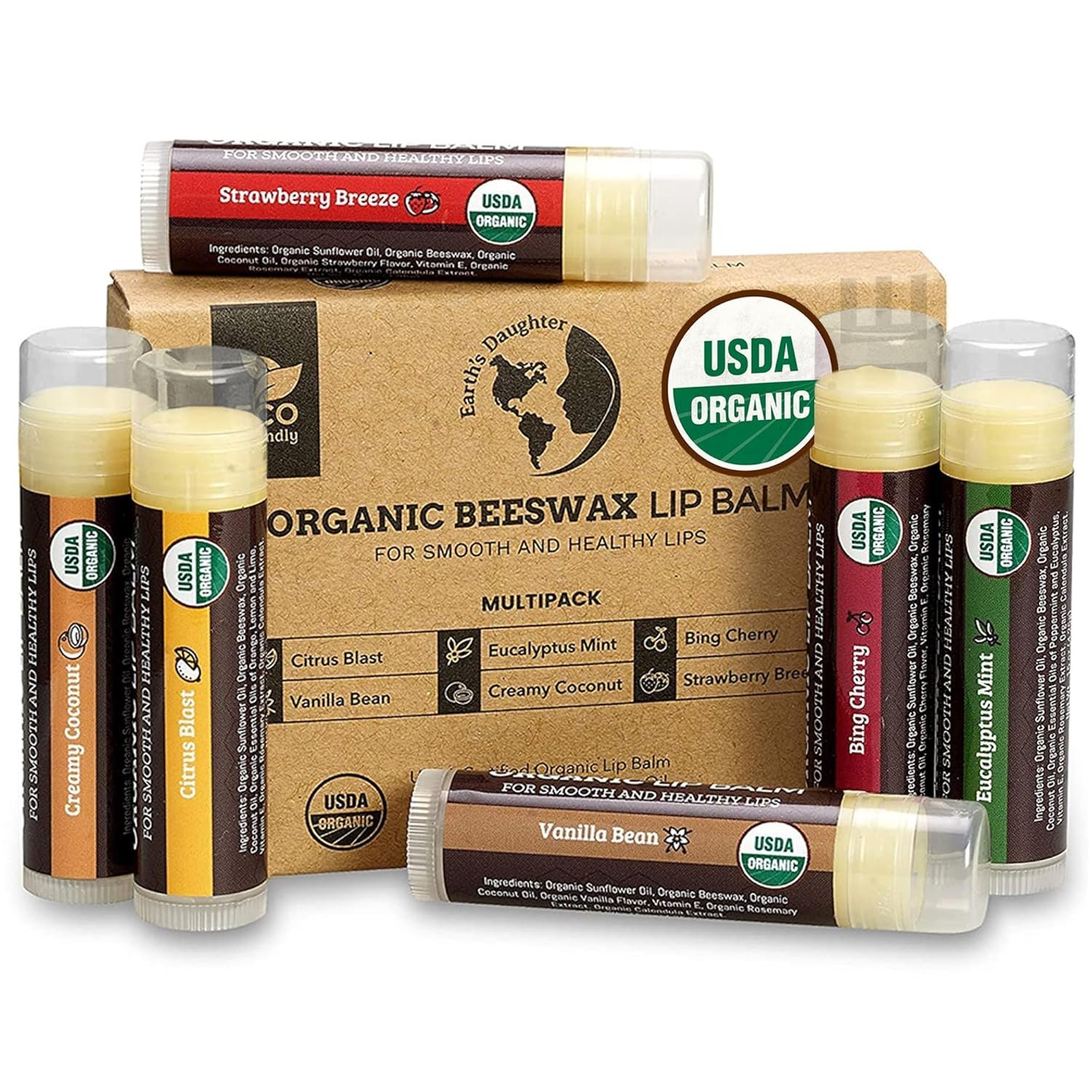 Earth’s Daughter USDA Organic Lip Balm 6-Pack – Fruit Flavors, Beeswax, Coconut Oil, Vitamin E – Best Lip Repair Chapstick for Dry Cracked Lips – Moisturizing Lip Care