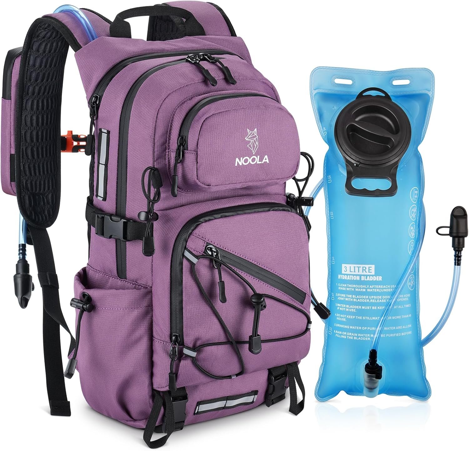 NOOLA Hydration Backpack with 3L Water Bladder – 22L Water Backpack for Hiking, Cycling, Running, Biking – Lightweight Hiking Pack Bag with Rain Cover, Phone Holder and Trekking Pole Holders, Purple