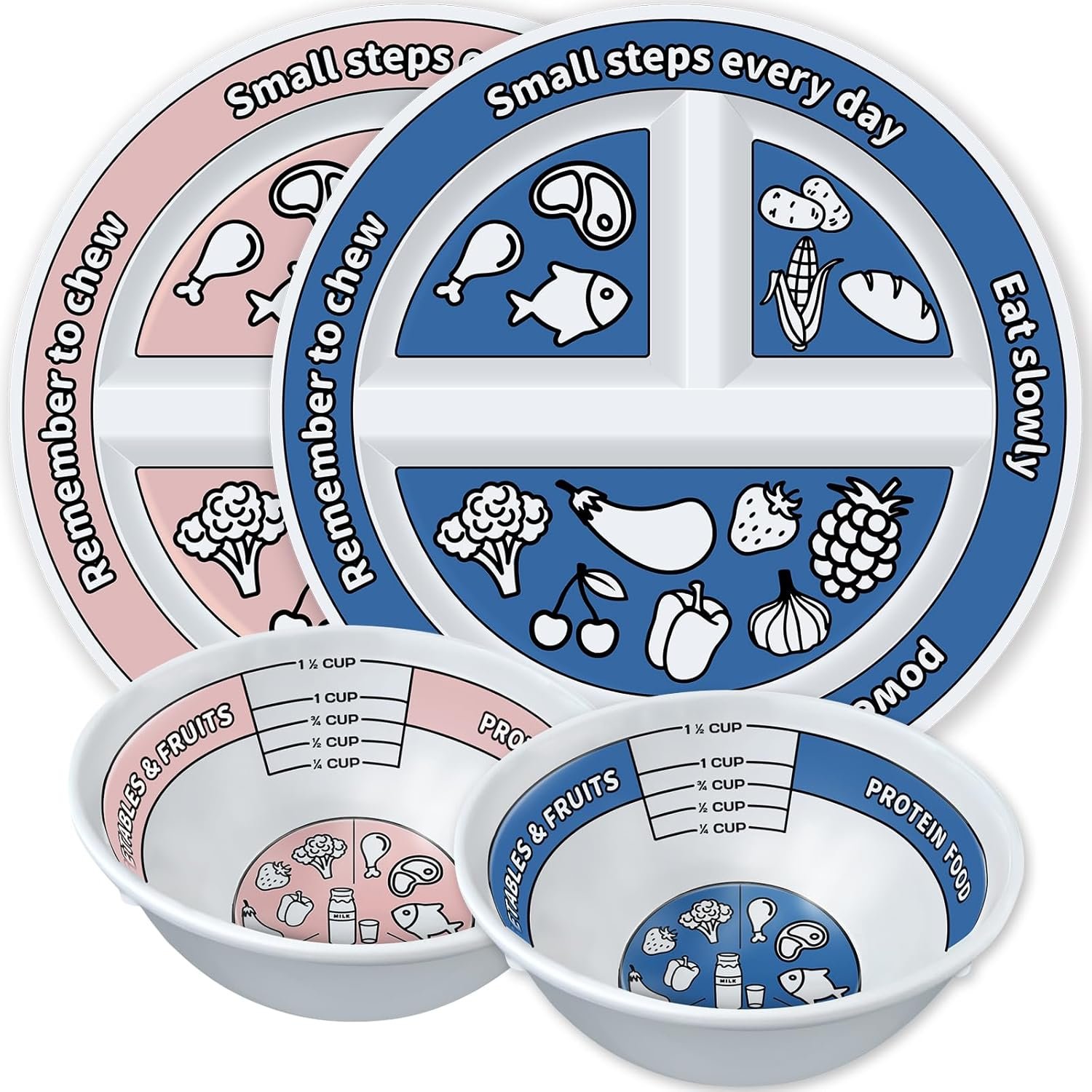 4 Pcs Portion Control Plates & Bowls Set (2 Plates + 2 Bowls, 9 Inch) – Self-Measuring for Weight Loss, Gastric Bypass, LapBand, Diabetes & Healthy Diets, Pink & Blue, for Adults & Children
