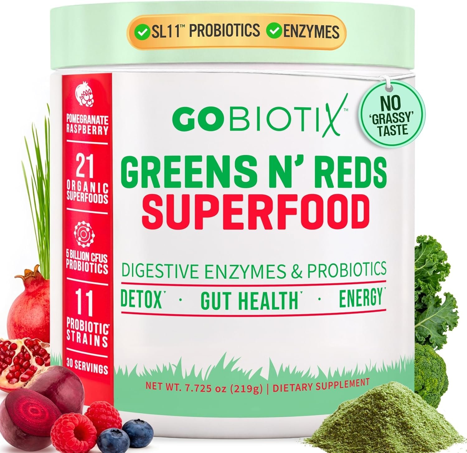 GOBIOTIX Super Greens Powder with Beet Root, Spirulina, Moringa & Chlorella – Probiotics, Enzymes & 21 Superfoods – Zero Sugar, Vegan, Non-GMO – 30 Servings (Pomegranate Raspberry)