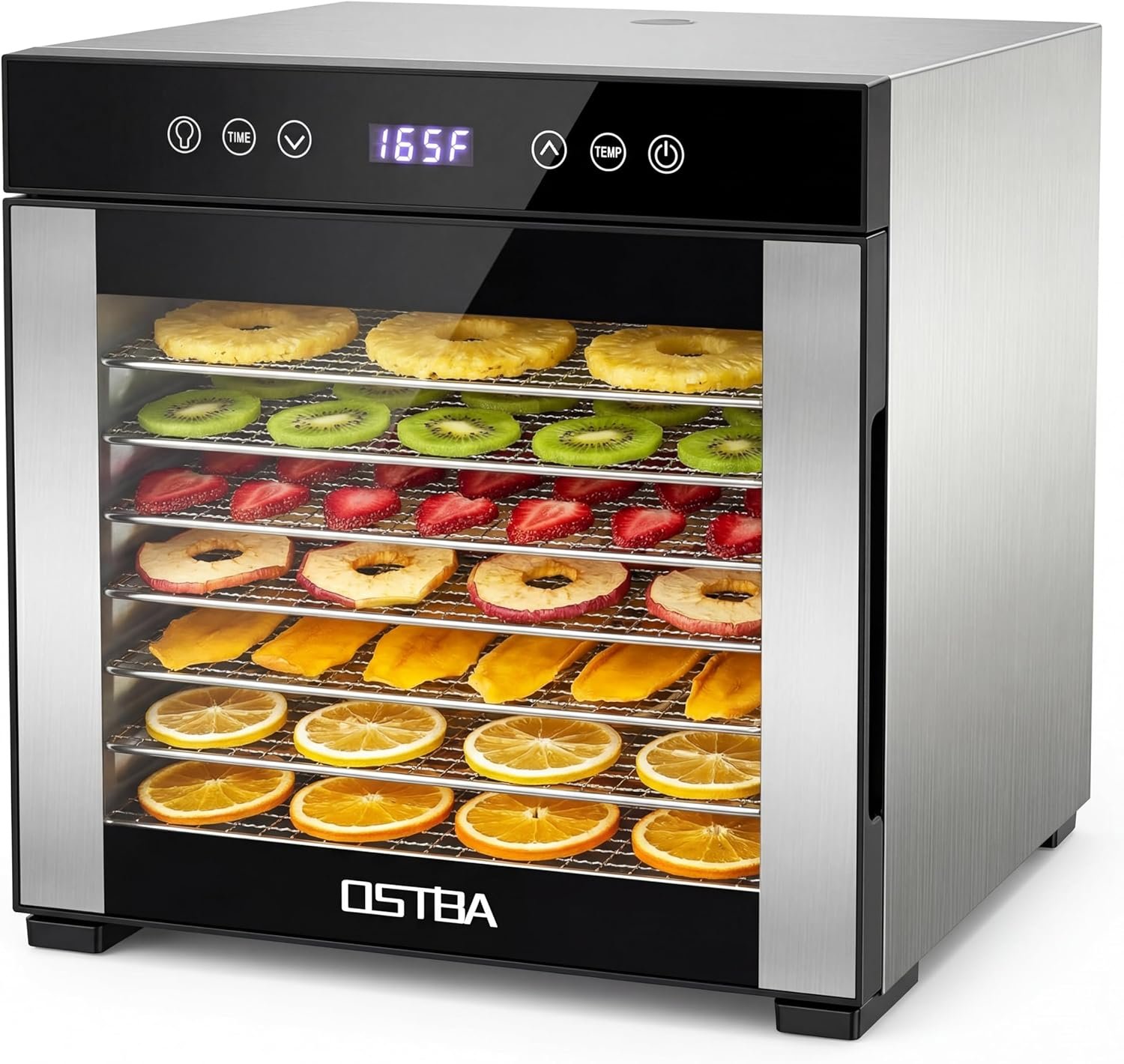 OSTBA Food Dehydrator, 8 Stainless Steel Trays, 95–165℉ Adjustable Temperature, 48h Digital Timer, Double-Layer Food Dryer for Fruit, Vegetable, Jerky, Herb, 650W Home & Commercial Use