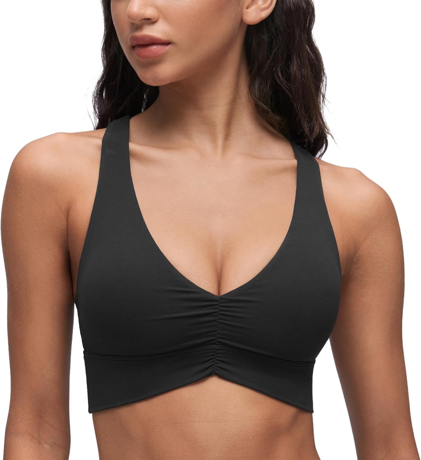 CRZ YOGA Butterluxe Ruched Longline Sports Bras for Women – V Neck Padded Yoga Tank Wide Straps Cross Back Crop Tops