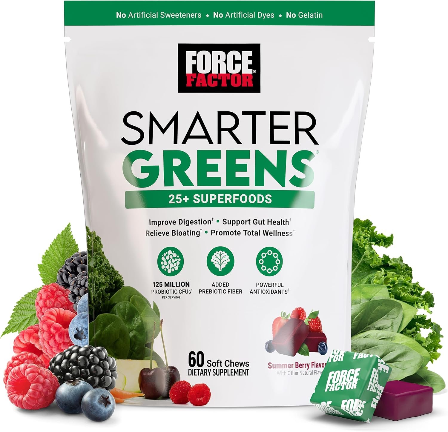 Force Factor Smarter Greens Superfood Chews, Greens and Superfoods to Support Gut Health, Bloating, and Digestion, with Probiotics, Antioxidants, and Fiber, Summer Berry, 60 Soft Chews