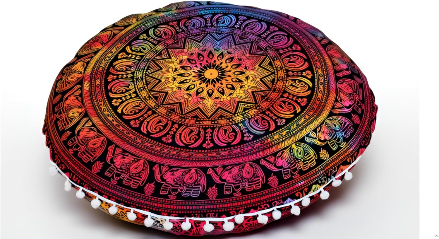 CRAFT KALA 22″ Round Mandala Boho Pillow Cover Meditation Room Seating Poufs Cover for Living Room Yoga Room Home Bedroom Balcony Garden Party Decoration Cotton Floor Cushion Cover 22″, Multi Elephant