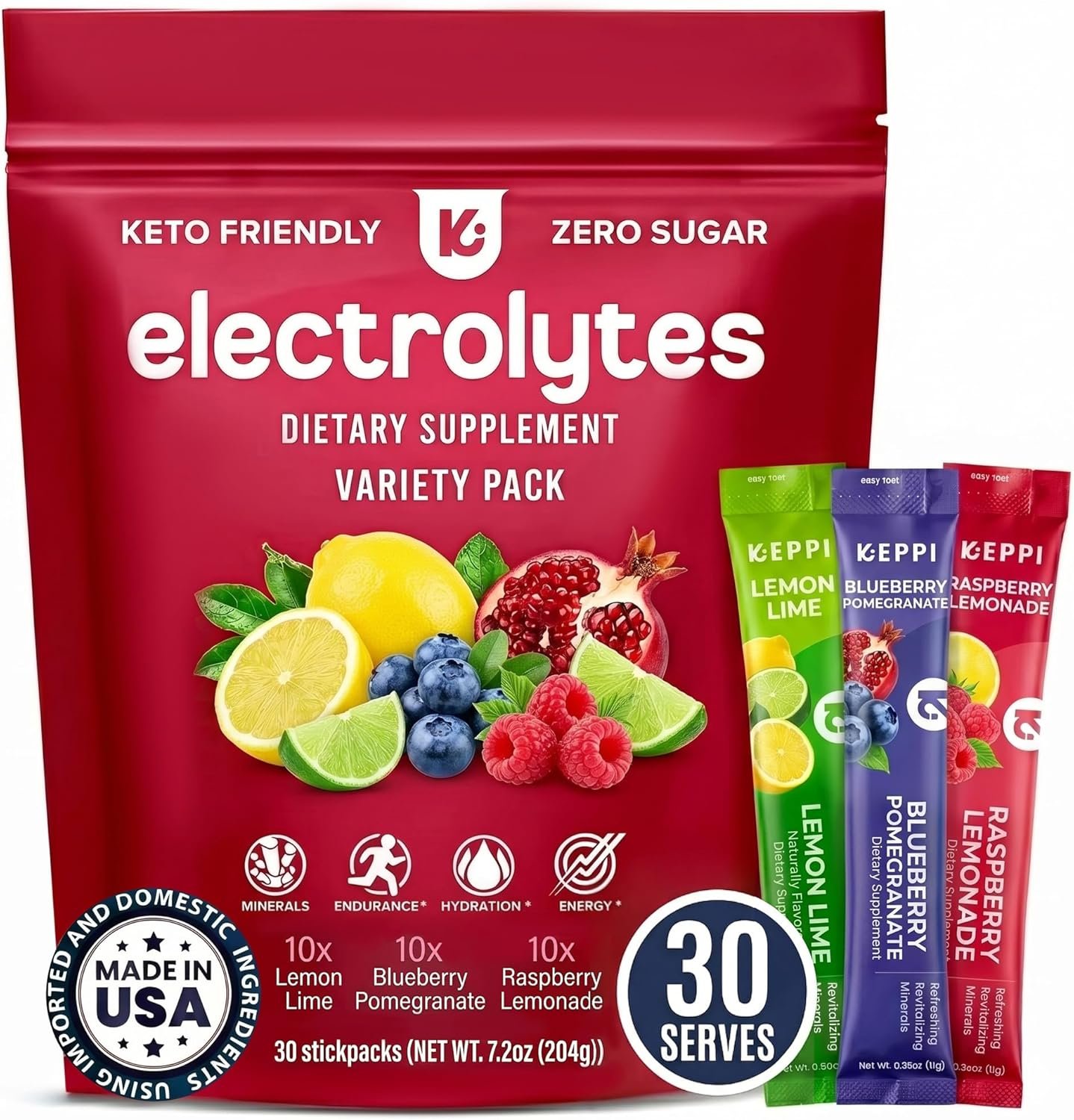 Keppi Electrolytes Powder Packets Assorted Flavors 30 Servings – No Sugar Hydration Supplement with Potassium, Magnesium, Sodium – Keto, Vegan, Fasting-Friendly, Zero Calorie Hydration Packets