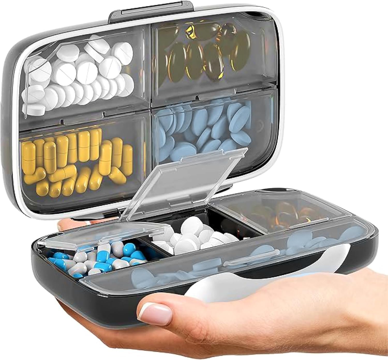 Travel Pill Organizer – Airtight Medicine Case for Traveling Portable Pharmacy Box with Labels Vitamin Container 8 Compartment Supplement Medication Holder Large Capacity Daily (Black)