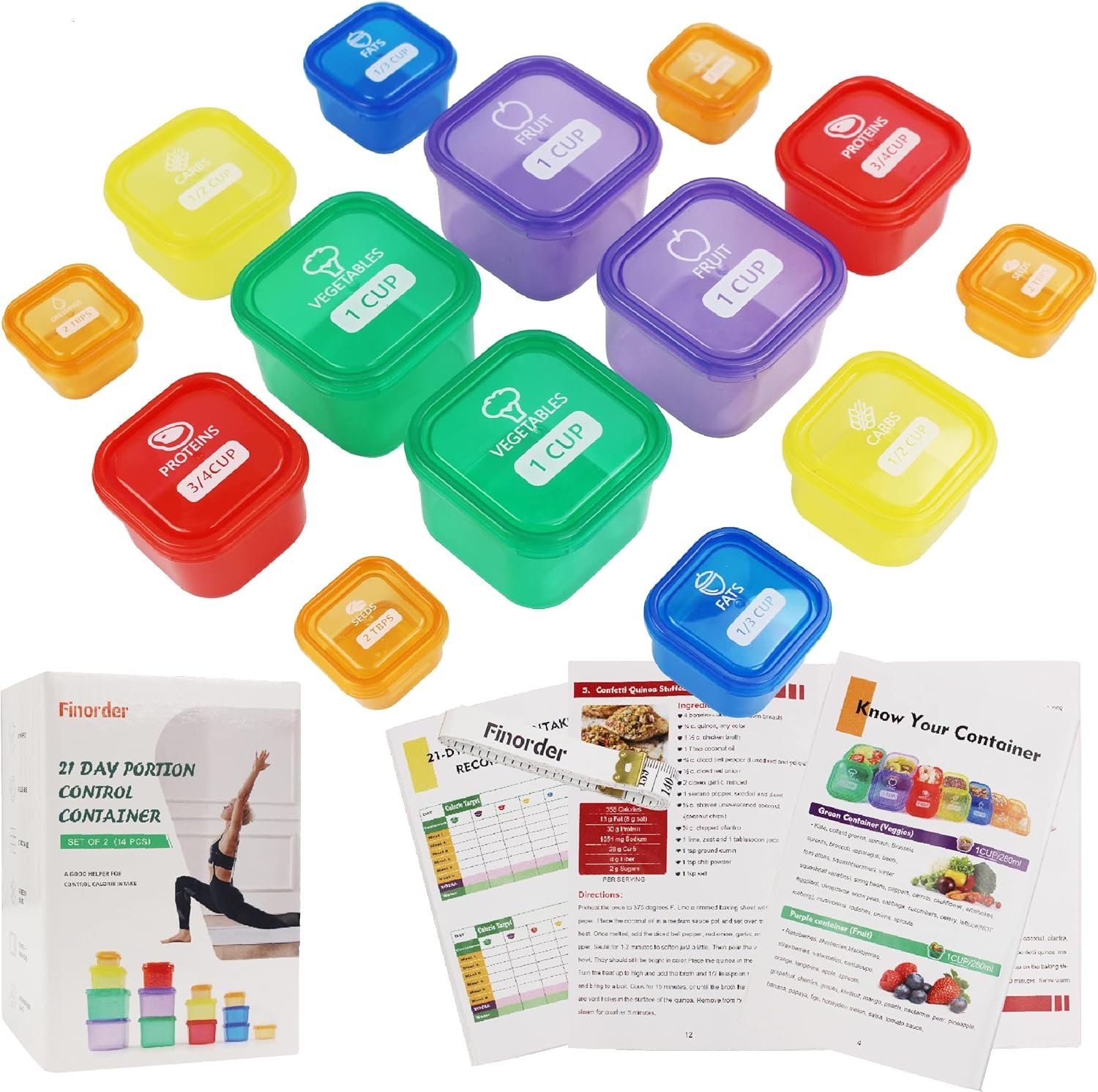 Finorder 21 Day Portion Control Container Kit (14-Piece) with Complete Guide, BPA Free Food Portion Container Set for Meal Prep, 21 Day Lose Weight System (HN-PC)
