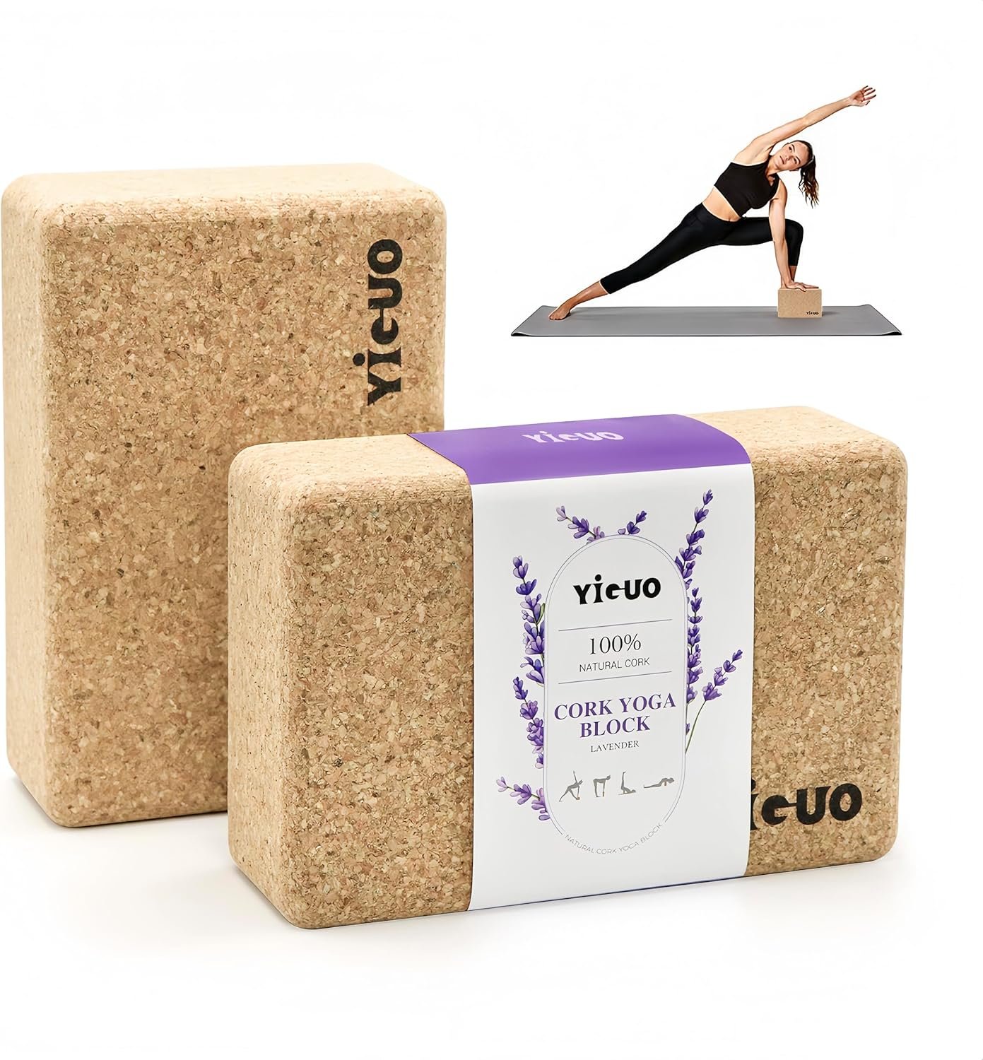 YIGUO 2 Pack Cork Yoga Blocks | Natural Eco-Friendly High Density Non-Slip Yoga Blocks for Women & Men | 9x6x3 Inches for Yoga, Pilates, Stretching