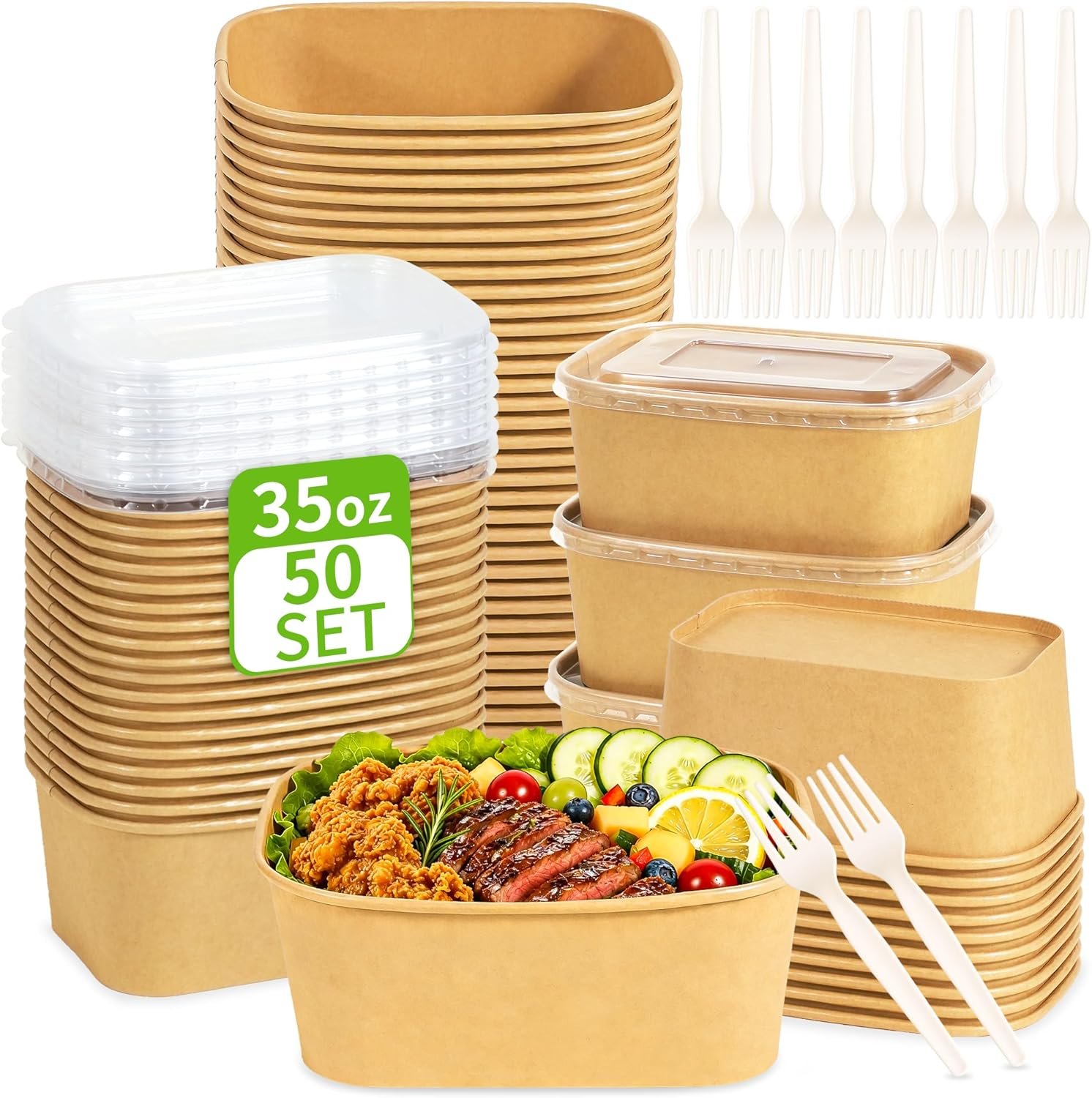 50-Pack 35oz Disposable Meal Prep Containers【with Lids and Forks】, Compostable Kraft Paper Bowls To Go Food Containers, Microwave & Freezer Safe for Hot & Cold Foods