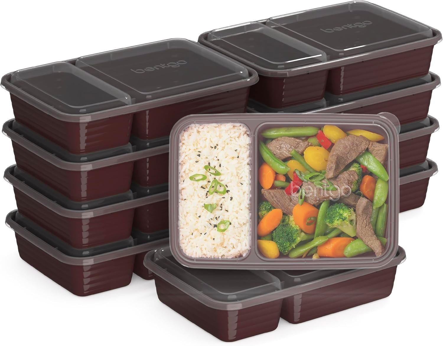 Bentgo Prep – 20-Piece 2-Compartment Reusable Meal Prep Containers with Lids, PFAS & BPA Free Materials, Durable, Microwave, Freezer, & Dishwasher Safe To Go Food Storage (Burgundy)