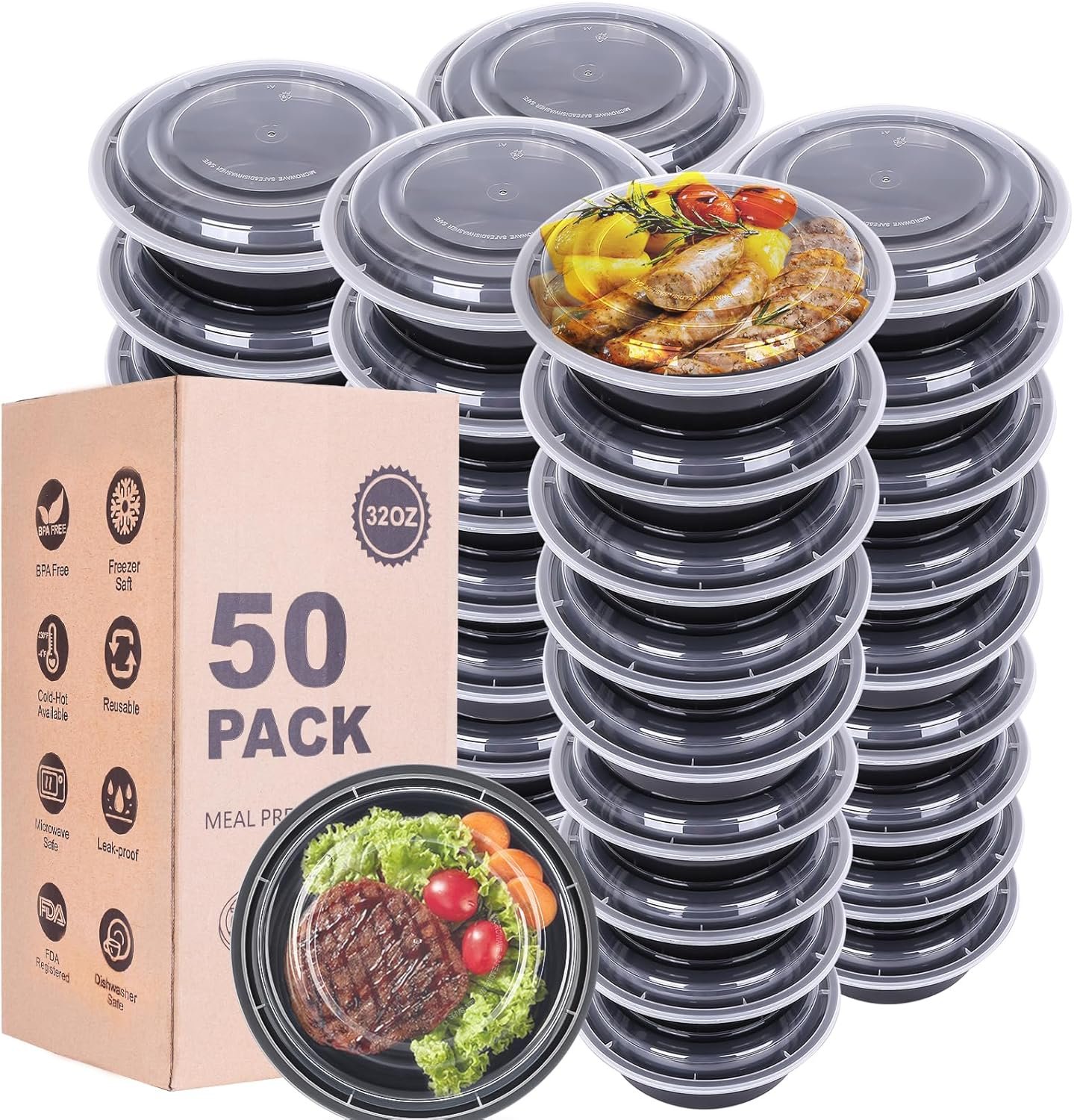 WGCC Meal Prep Containers with Lids – 50Pack 32OZ Meal Bowls, Round To Go Containers, BPA-Free, Freezer & Dishwasher Safe