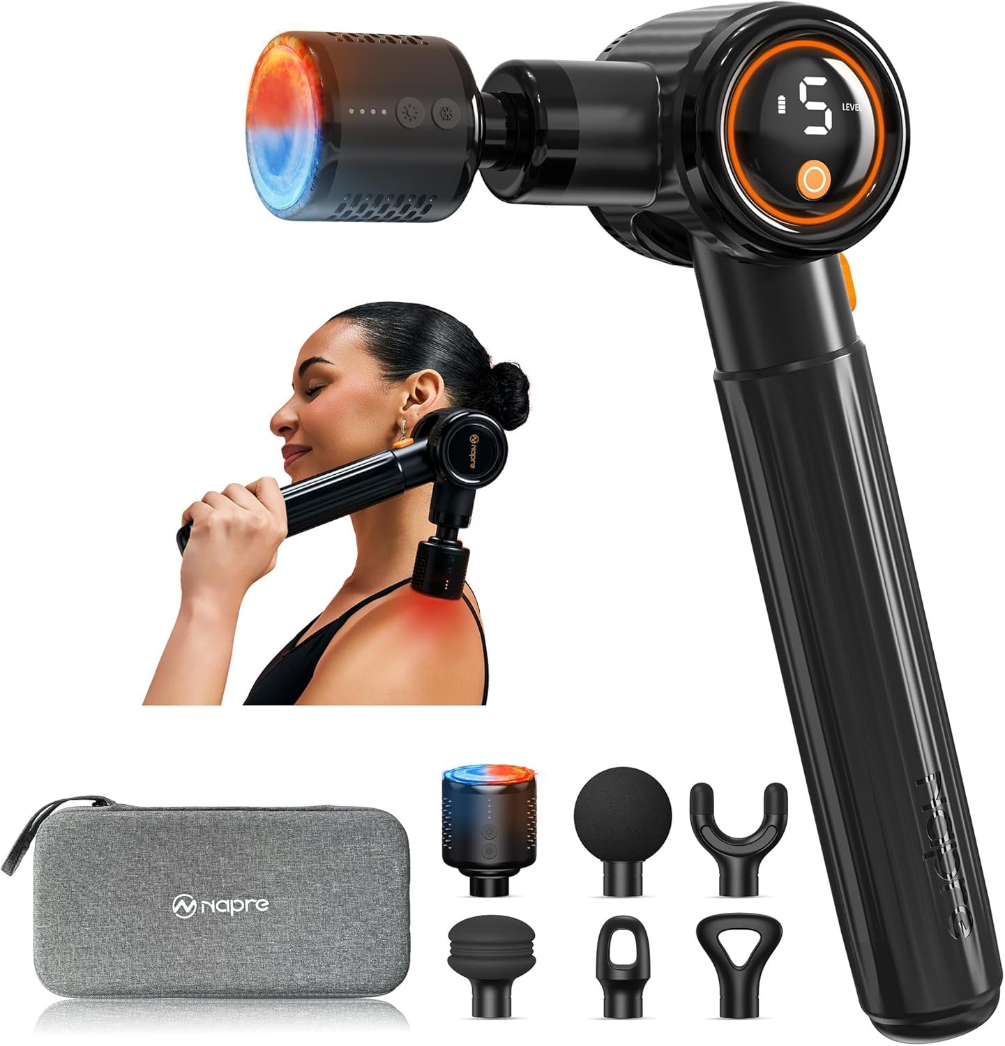 NAPRE Massage Gun with Heat and Cold,Massage Gun Deep Tissue with Extension Handle & 3 Adjustable Angles,Handheld Percussion Back Massager for Muscle/Neck/Body Pain Relief with Case,Mothers Day Gifts
