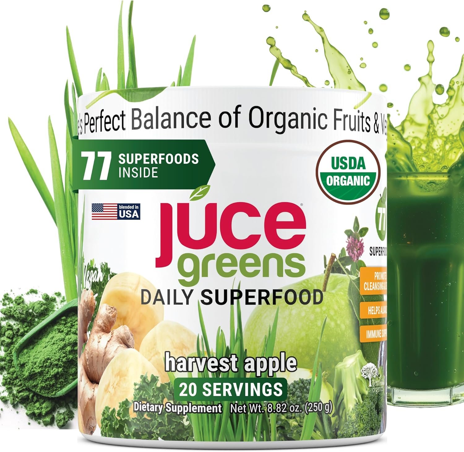 Terra Kai Organics JUCE Green Superfood Powder, Organic Fruits and Veggies Supplement W/ 77 Superfoods Plus Prebiotic Probiotic Blend, Harvest Apple Flavor – 20 Servings (250 g)