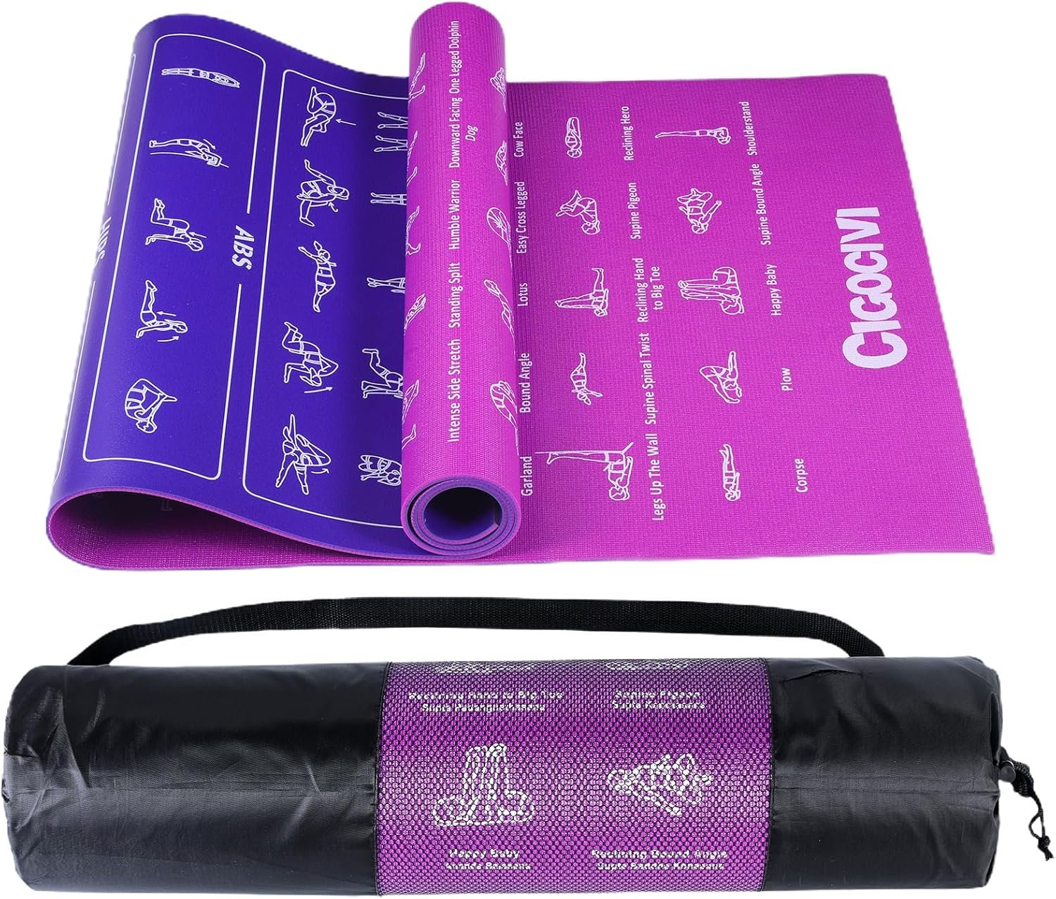 Instructional Travel Yoga Mat with 75 Poses & Exercises – Christmas Gifts for Wife and Girls, Non-slip Exercise Mat for Home Workout, Includes Carrying Bag, 68″x24″x0.25″