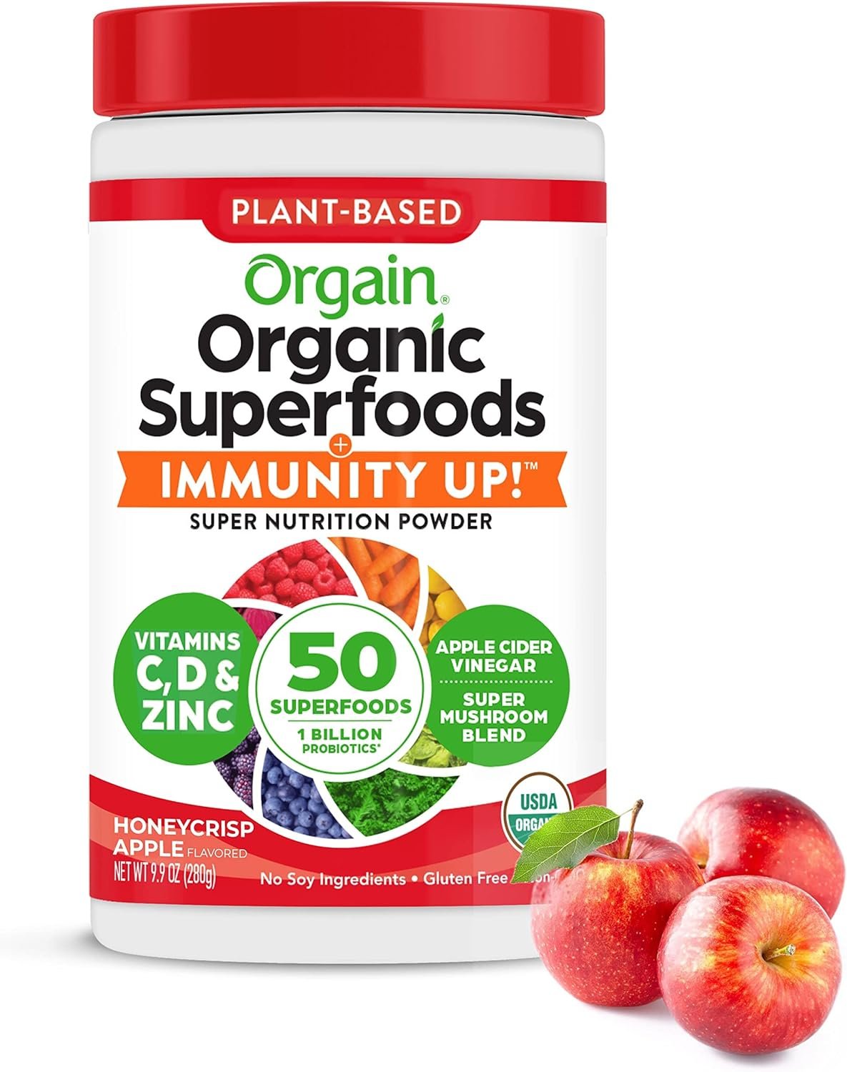 Orgain Organic Greens + 50 Superfoods Immunity Up! Powder, Honeycrisp Apple – Immune Support, Probiotics, Vitamin C, D & Zinc, Apple Cider Vinegar, Ashwagandha, Cordyceps & Reishi Mushrooms – 0.62lb