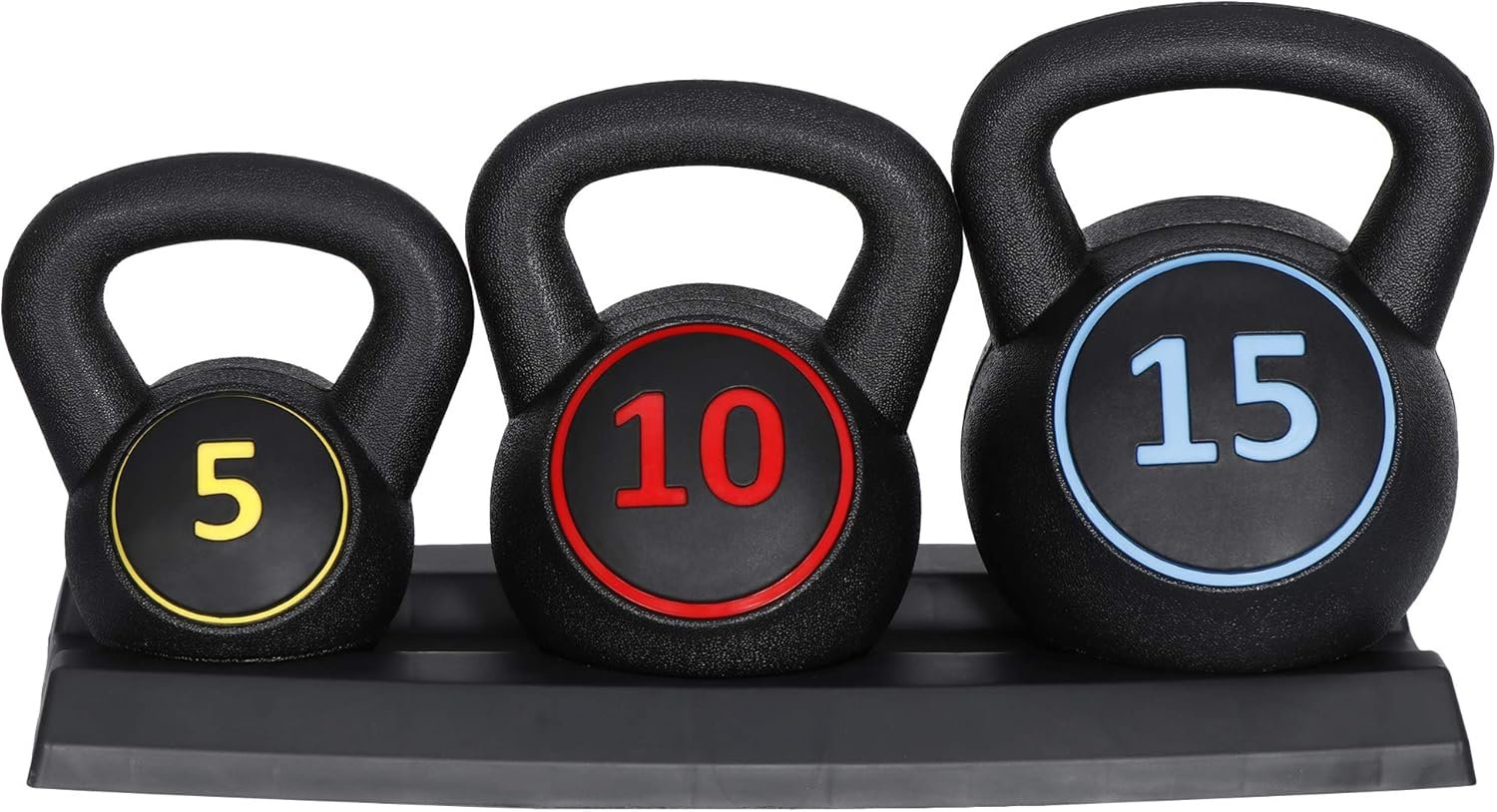 3-Piece Kettlebells Weights Set , Wide Grip Strength Training Soft Kettlebell with Storage Rack, Exercise Fitness Concrete Weight, Full Body HIIT Workout Weights for Women and Man 5 lbs 10 lbs 15 lbs Dumbbells