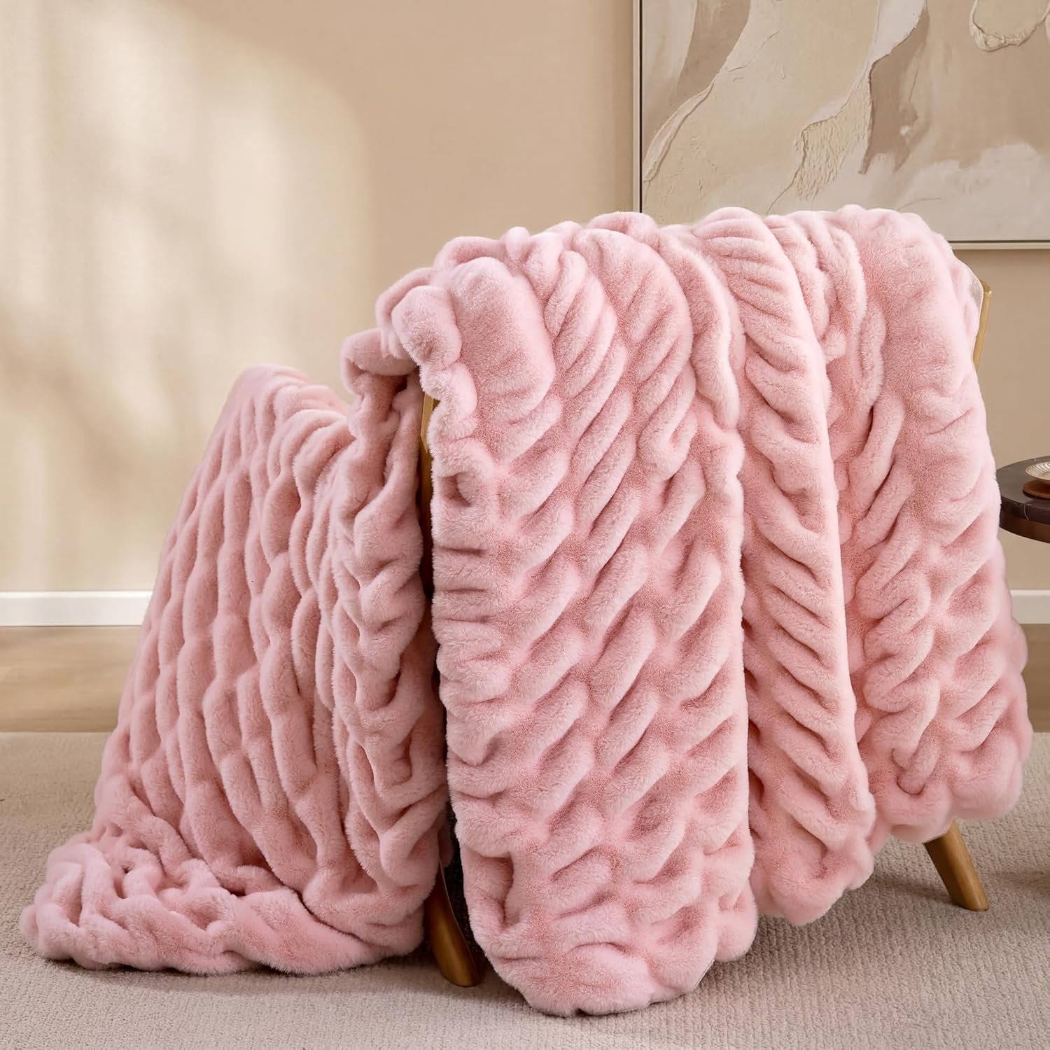 Smoofy Blush Pink Throw Blanket for Couch – Luxury Faux Rabbit Fur Blanket, Ultra Soft Fluffy Plush Fuzzy, Lightweight Warm Cozy Blanket for Bed Sofa, Aesthetic Room Decor Gift for Women 50″x60″