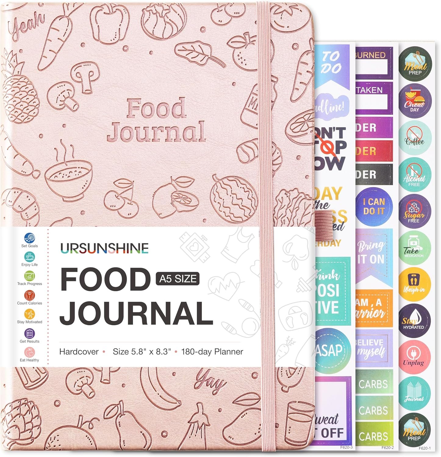 Food Journal – Journal for Women Weight Loss, 5.8″ x 8.3″, 6 Months Meal Planner to Count Calories Health Journals for Women/Men, Keep Healthy Diet & Achieve Fitness Goals – Rose Gold