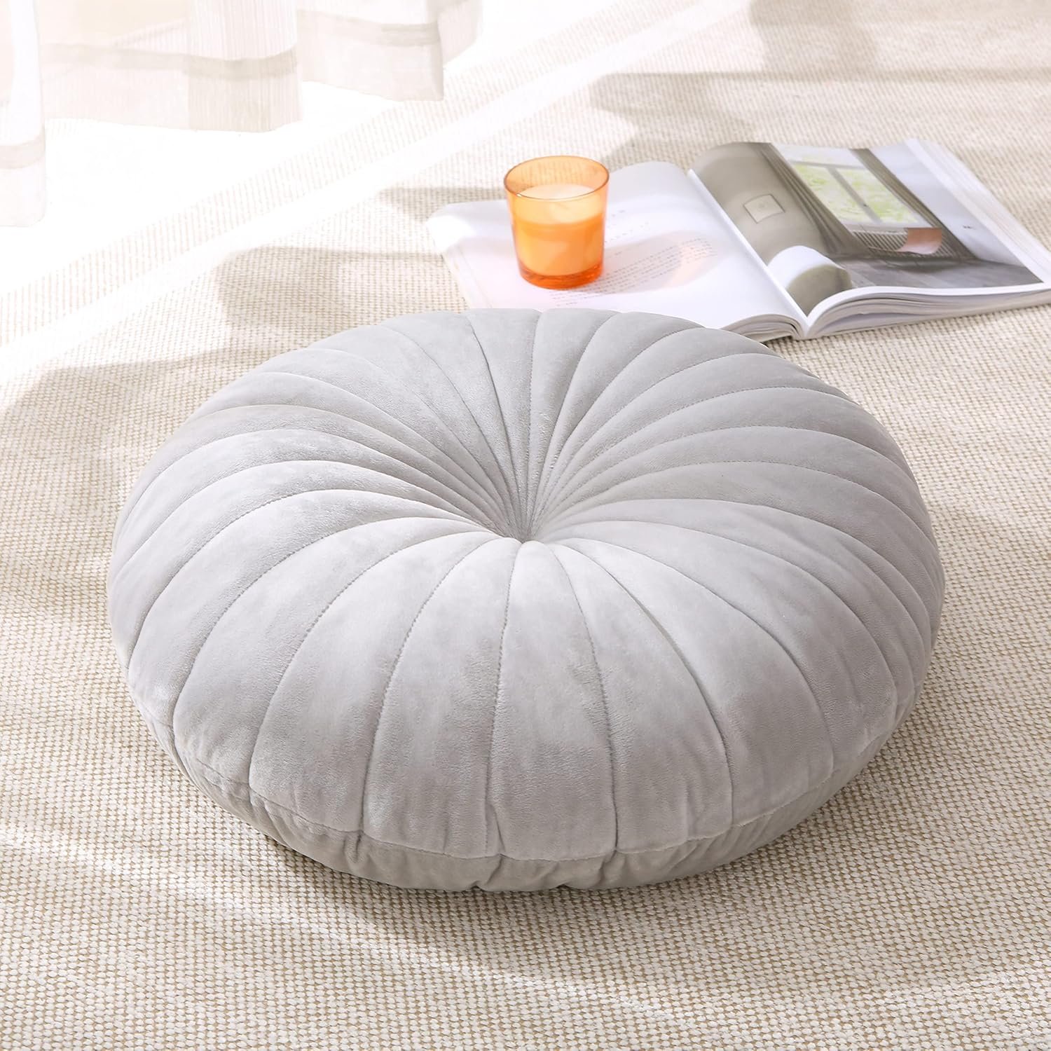 Floor Pillow Meditation Cushion Round Large Floor Pillows Seating for Adults, Velvet Thick Floor Cushions for Yoga Living Room Balcony Outdoor Tatami 18inch（Grey）