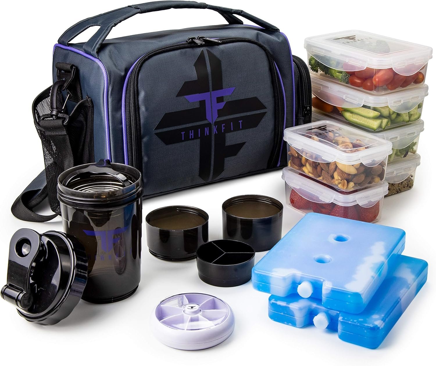 ThinkFit Insulated Meal Prep Lunch Box with 6 Food Portion Control Containers – BPA-Free, Reusable, Microwavable, Freezer Safe – With Shaker Cup, Pill Organizer, Shoulder Strap & Side Pocket (Purple)
