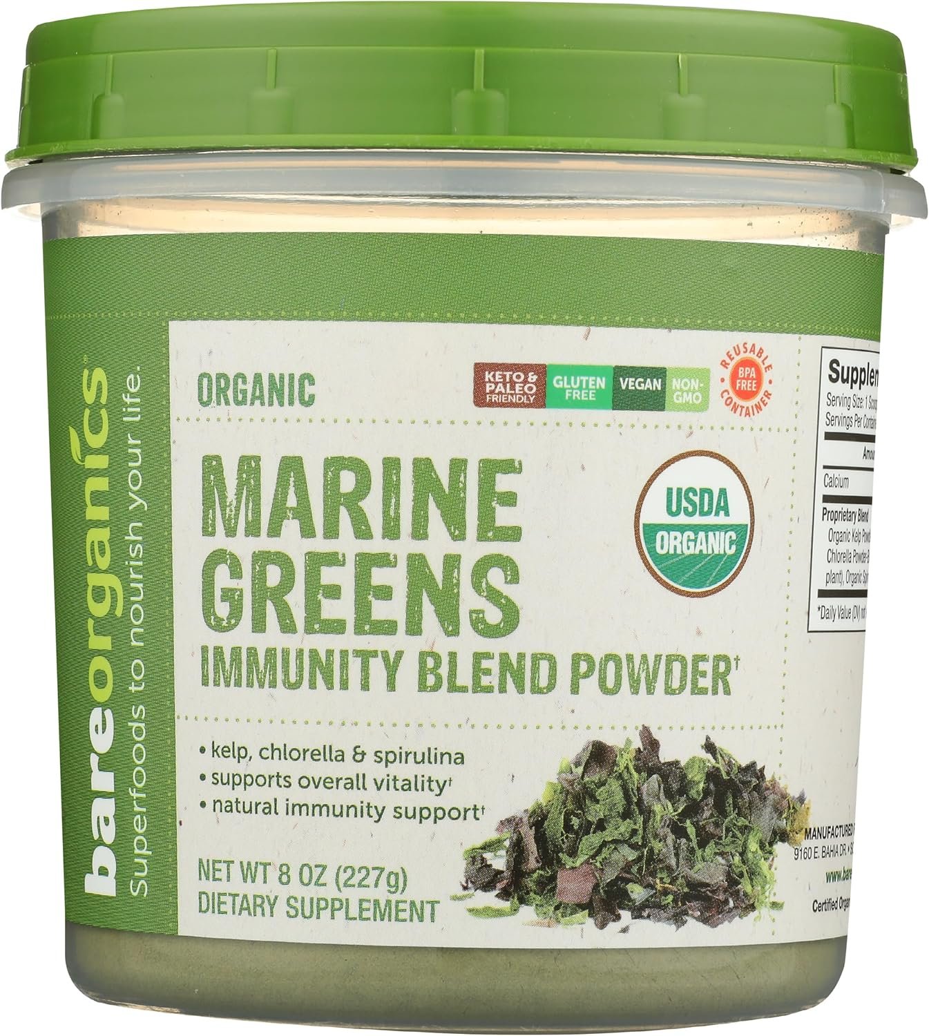 BareOrganics Marine Super Greens Powder – USDA Organic, Vegan, Gluten-Free, Non-GMO, BPA-Free, Superfood Powder with Organic Kelp, Spirulina & Chlorella – 8 oz