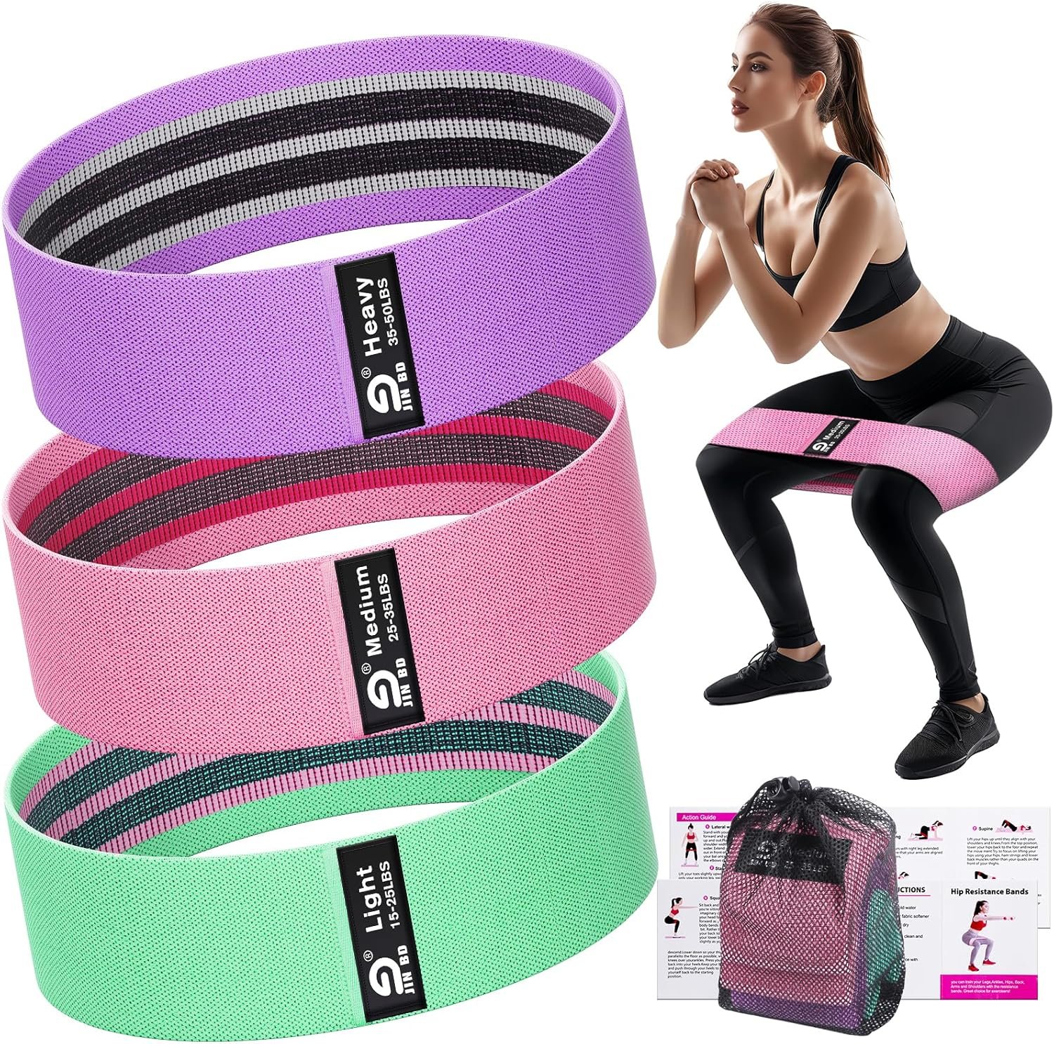 Booty & Resistance Bands – 3 Level Non-Slip Fabric Exercise Bands for Legs & Glutes, Women & Men, Squats, Hip Thigh Training, Yoga, Pilates, Home Workout